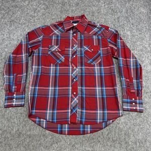 Wrangler Western Shirt Mens L Red Blue Plaid Pearl Snap Long Sleeve Cowboy Rodeo